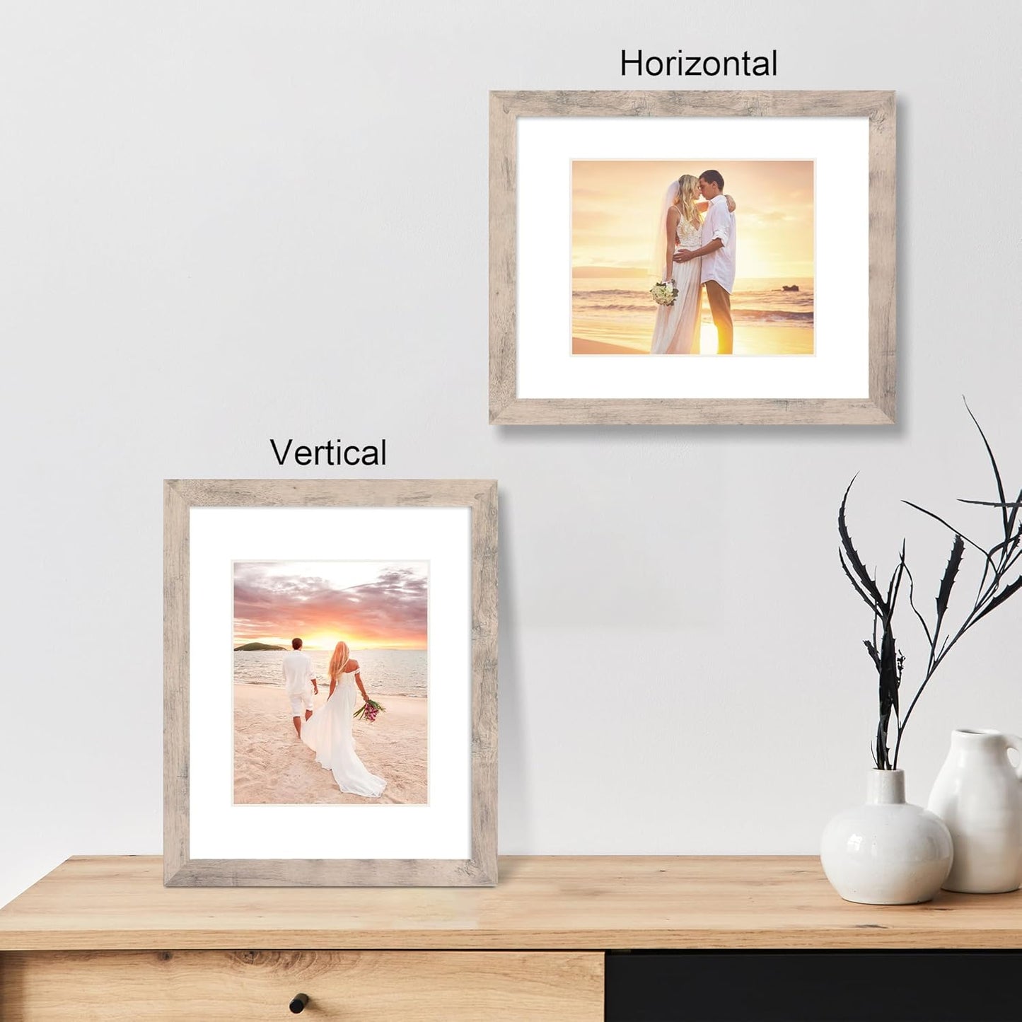 11x14 Picture Frame Set of 2 with Tempered Glass, Smoke Gray Frame Display 8x10 Picture with Mat or 11 x 14 Without Mat, Wooden Photo Frame for Horizontal or Vertical Wall Mount