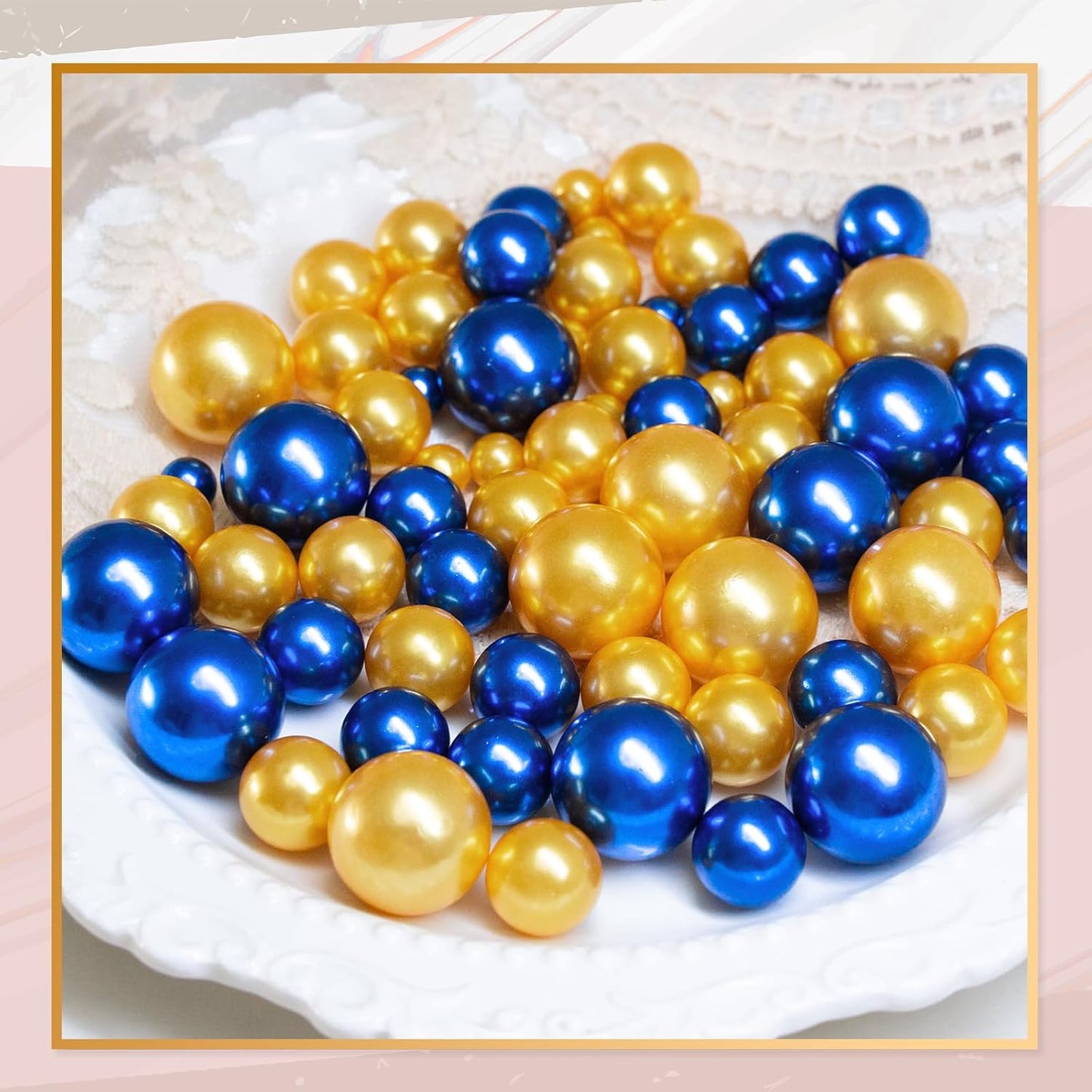 300Pcs Vase Filler Blue and Golden Yellow No Hole Faux Pearl Beads for Vase Filling Decorations, Candle Centerpieces, Wedding Centerpieces, Home Party Decor (8/14/20mm)