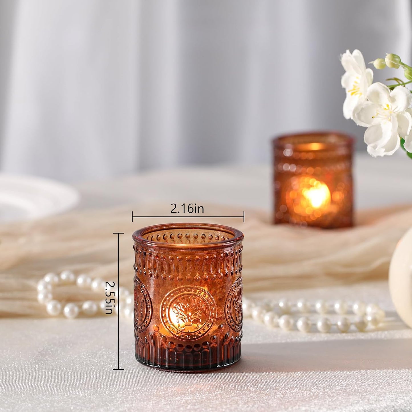 24 Pcs Amber Votive Candle Holders, Glass Tealight Candle Holders for Home Decor, Wedding Table Centerpiece, Birdal Shower, Party