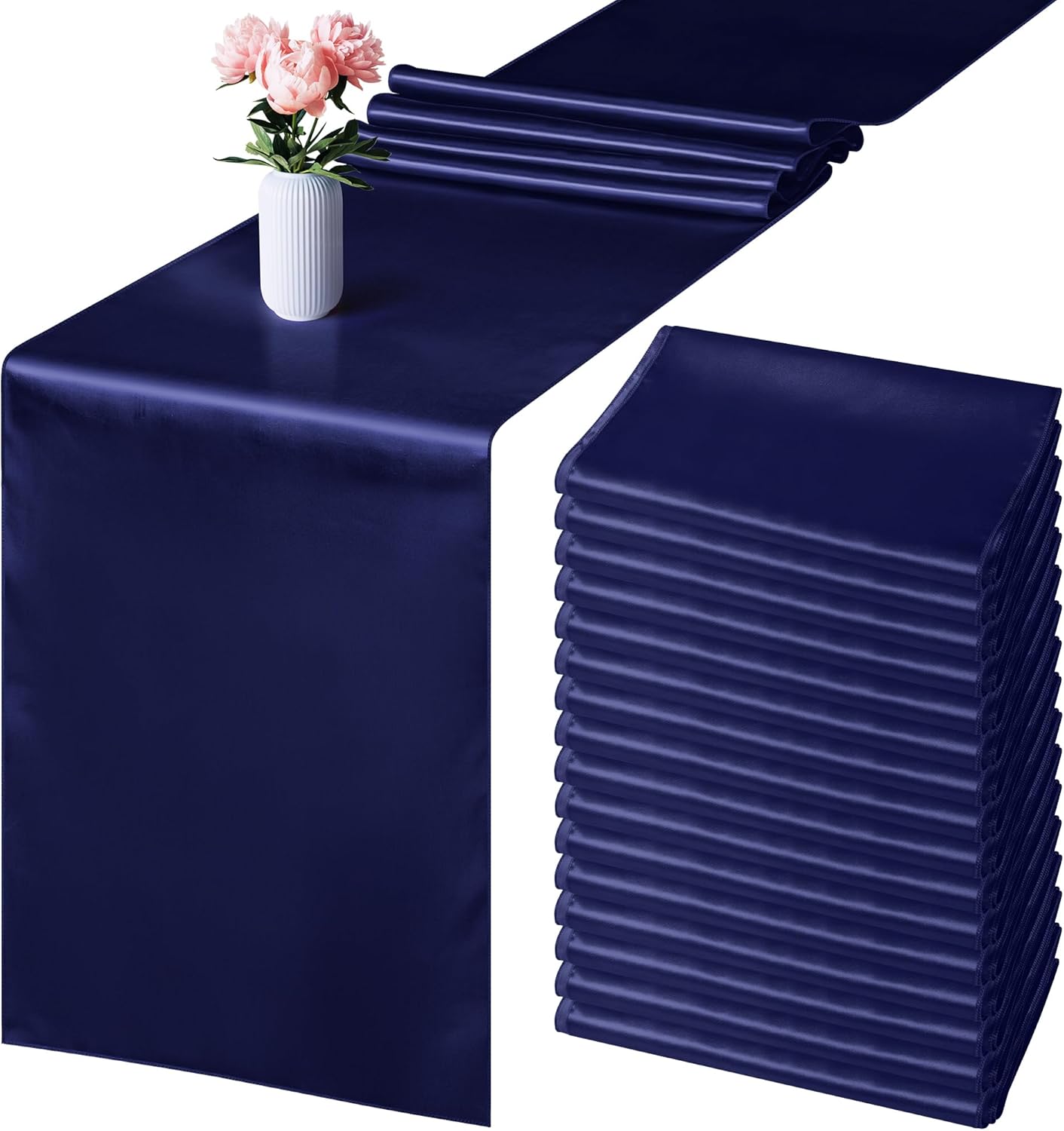 Aneco 16 Pack Satin Table Runner 12 x 108 Inch Navy Blue Long Wedding Satin Silk Table Runner for Wedding Banquet Graduations Birthday Party Decoration