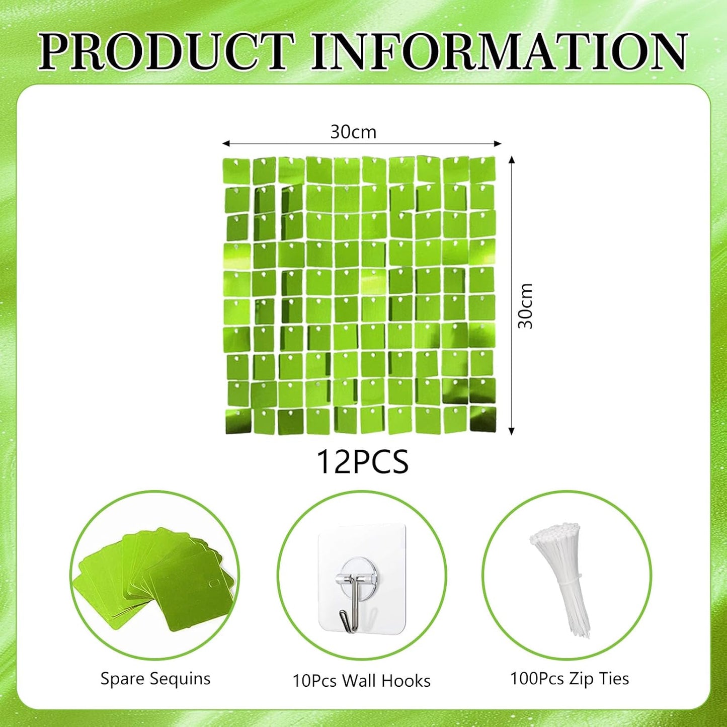 12PCS Green Shimmer Wall Backdrop, Square Sequin Photo Backdrops Panel, Glitter Wall Background for Birthdays, Weddings, Christmas, Engagements, Disco Bachelorette Party Decoration (3FTx4FT)