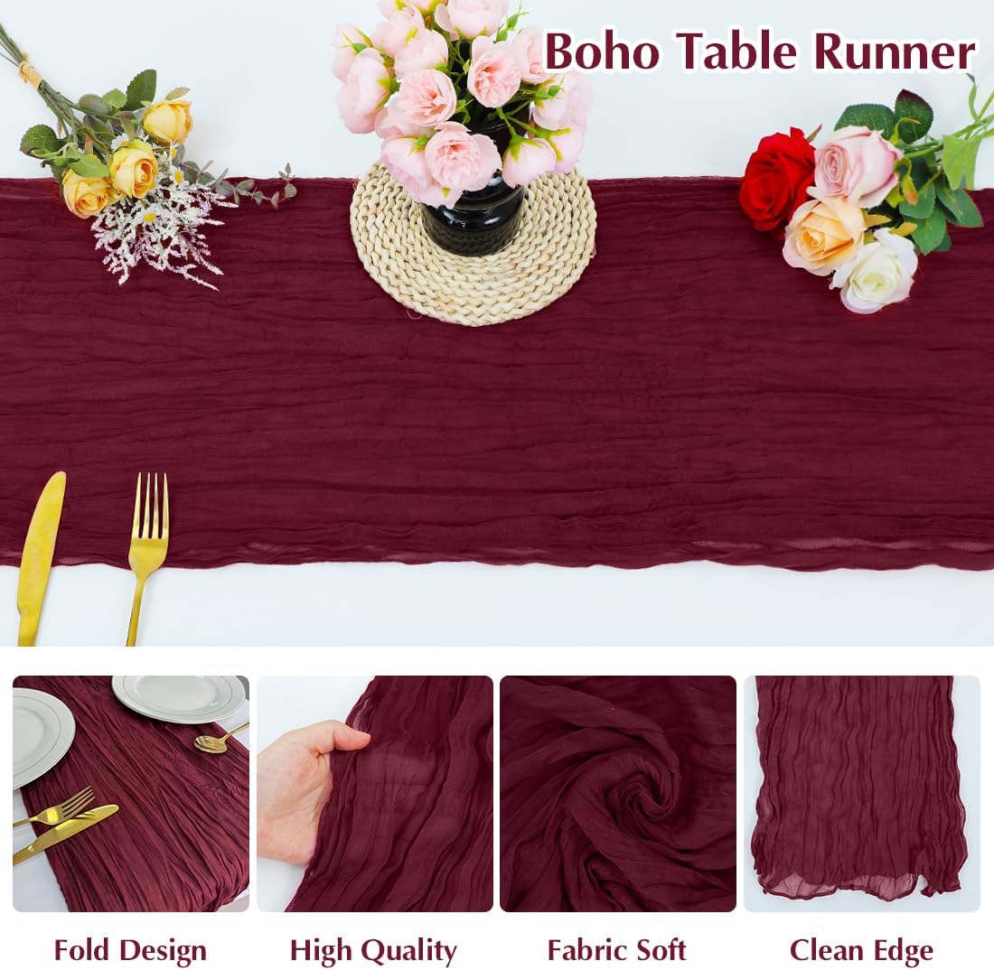Wine red Cheesecloth Table Runner -21*120Inch Long Boho Wedding Table Decor, Rustic Gauze Fabric Runner for Bridal Showers, Baby Showers & Parties (Sheer, Lightweight, Wrinkled Design)