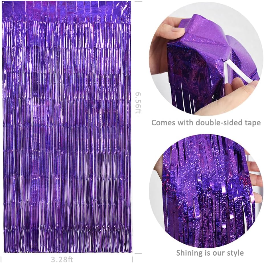 TONIFUL 3Pcs Laser Purple Door Streamers,Laser Purple Photo Booth Backdrop Metallic Streamers Foil Fringe Curtains for Halloween,Birthday,Christmas,New Year,Bachelorette,Grad Party(9.9ft x 6.6ft)
