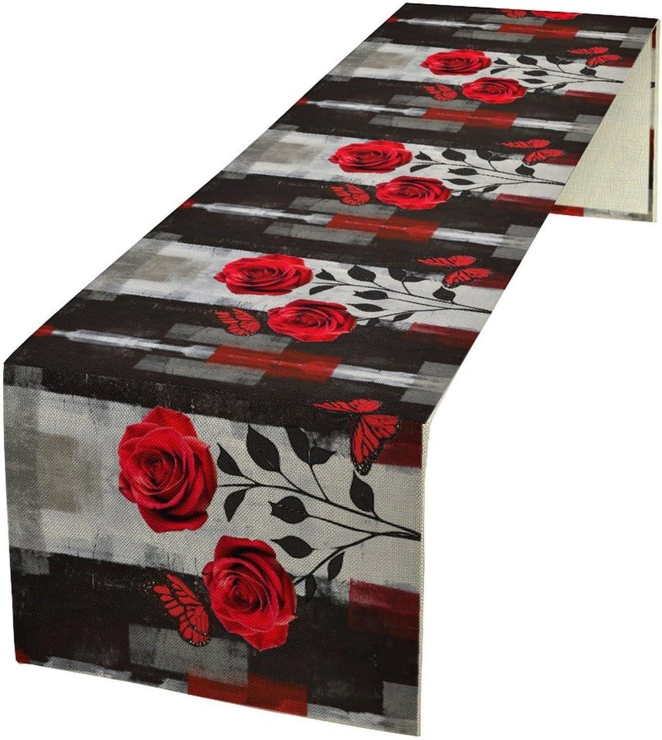 Abstract Art Rose Table Runner, Red Roses Floral Butterfly Black Red Grey Ink Background Pattern Kitchen Dinning Table Runner for Indoor Outdoor Home Wedding Party Holiday, 13x90 Inch