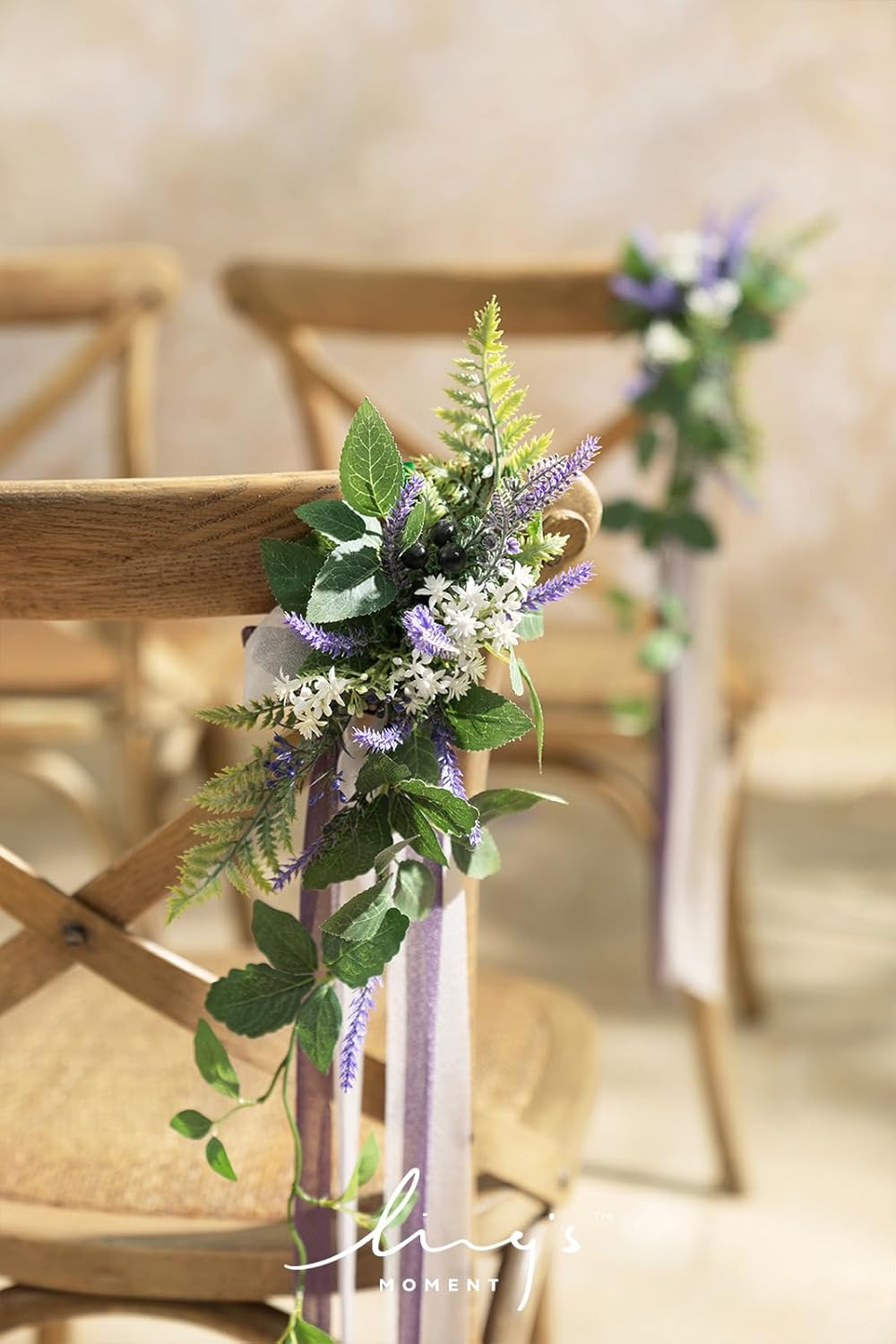 Ling's moment 8pcs Wedding Artificial Aisle Pew Flowers Chair Decorations Arrangements with Chiffon Ribbons Lavender Purple for Ceremony Chair Back Floral Decor Reception Church Party Outdoor