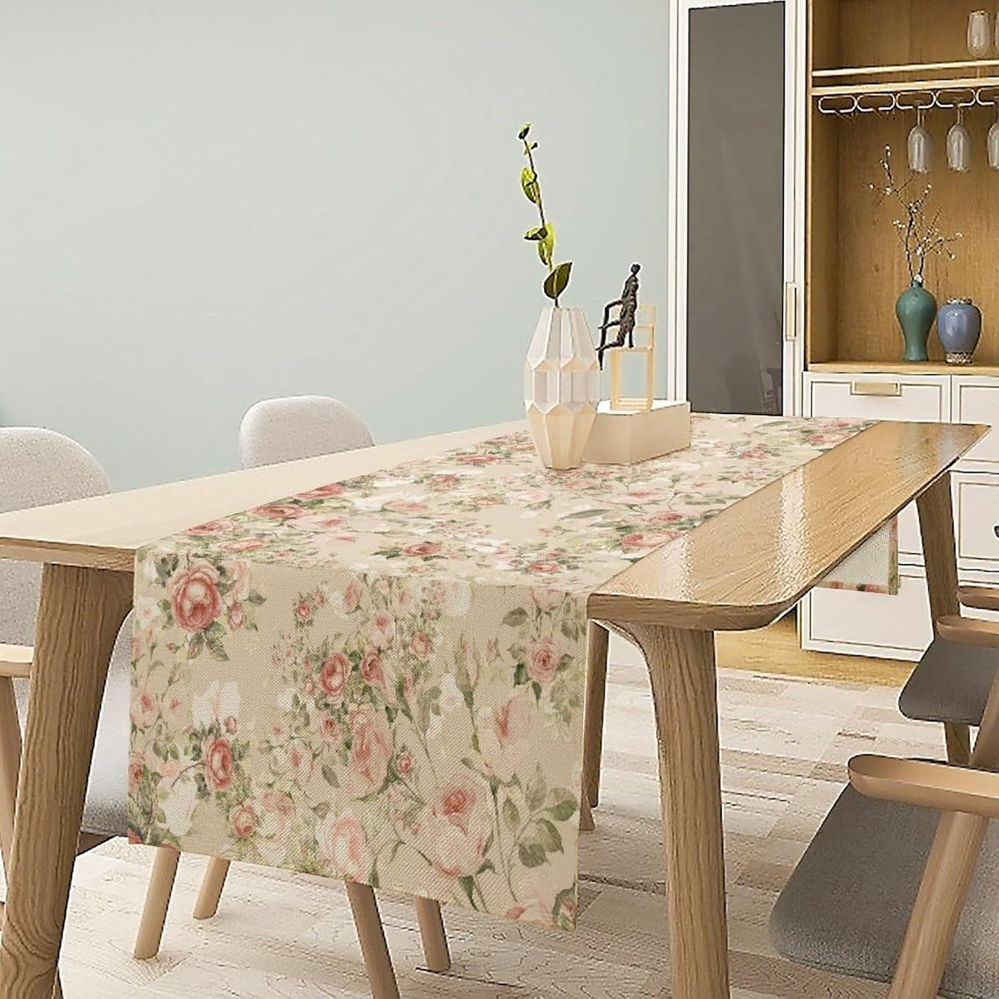 Lovely Rose Table Runner, Red and White Vintage Rose Delicate Floral Natural Pattern Long Table Restaurant Kitchen Holiday Party Decoration,13in（33cm） W * 36in（92cm） L