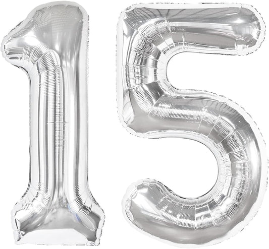 Silver 40 Inch Large Number 15 Birthday Balloon, 15th 15 Birthday Celebration Decorations, Foil 15 Mylar Helium Number 15 Balloons Girl Boy Anniversary Party Supplies