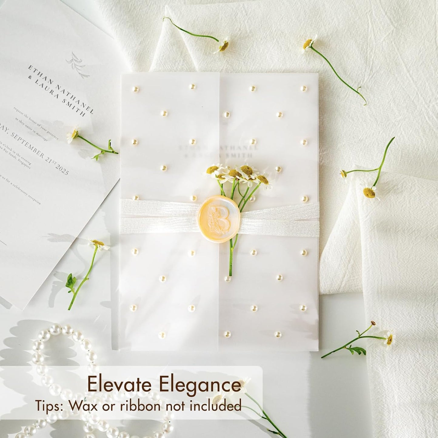 50 Pack Pre-Folded Vellum Jackets For 5x7 Invitations,AZAZA Translucent Invitation Sleeves,115GSM Vellum Jackets 5x7, Wedding Invitation Accessories, For Weddings Birthdays Baby Showers,Elegant Pearl