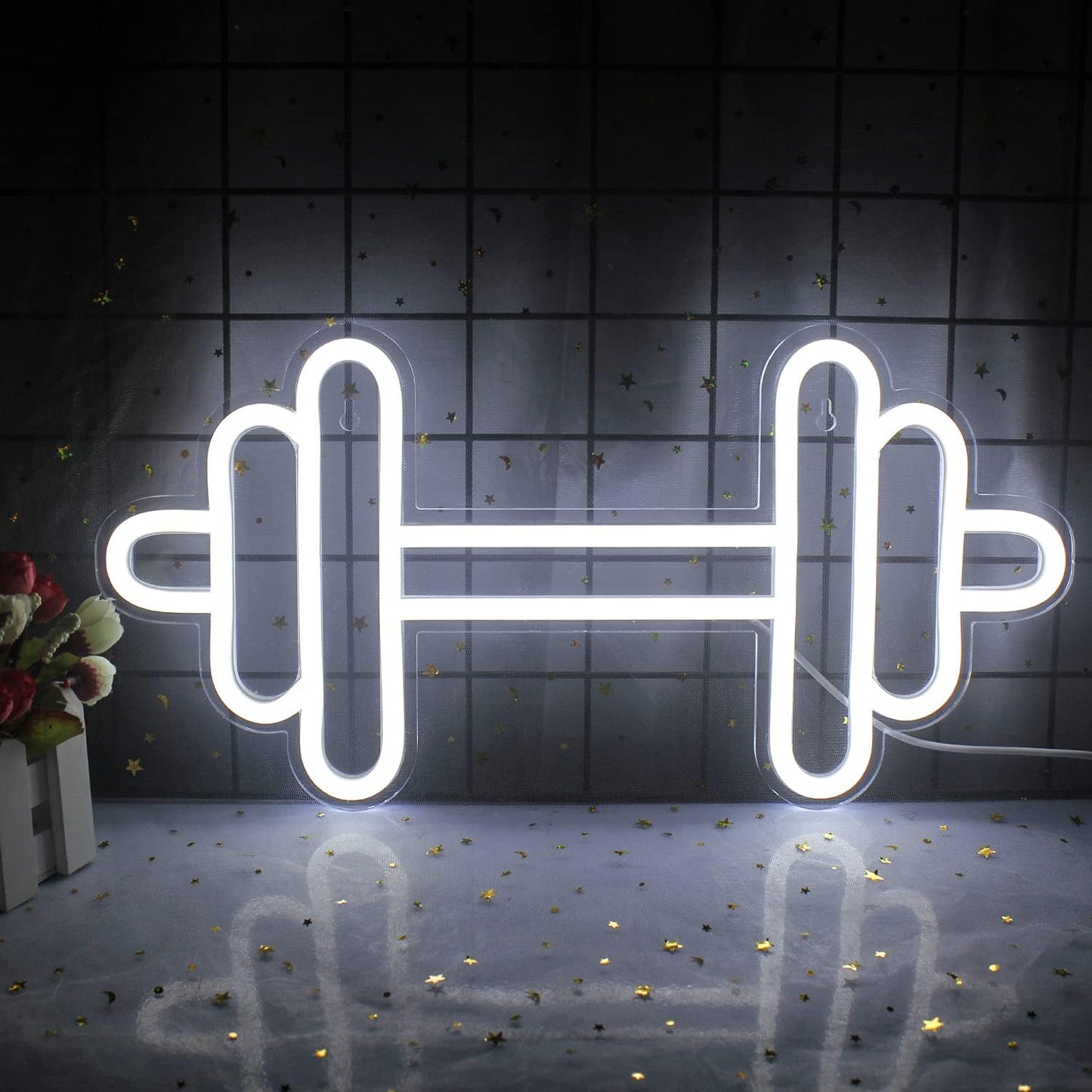 Lucunstar Gym Neon Sign,Barbell Dumbbell Shaped Neon signs White Neon Lights Sign Gym Wall Stickers for Fitness Club Decor LED Neon Sign for Teen Girls Teen Sports Room Game Room Decor