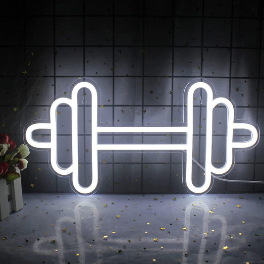 Lucunstar Gym Neon Sign,Barbell Dumbbell Shaped Neon signs White Neon Lights Sign Gym Wall Stickers for Fitness Club Decor LED Neon Sign for Teen Girls Teen Sports Room Game Room Decor