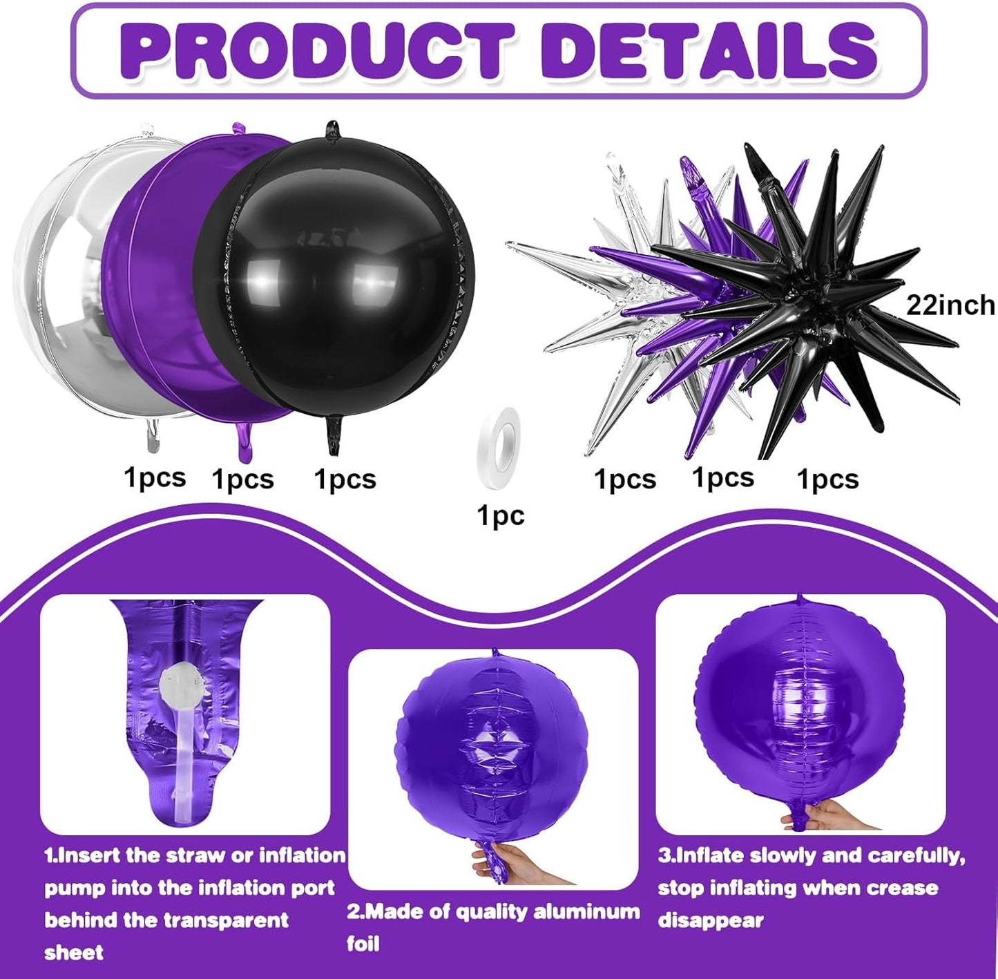 6Pcs Black Purple Silver Foil Balloons,22Inch Purple Black Silver 4D Round Ball Balloon and Explosion Star Balloon for Birthday Halloween Wedding Baby Shower Anniversary Party Decorations