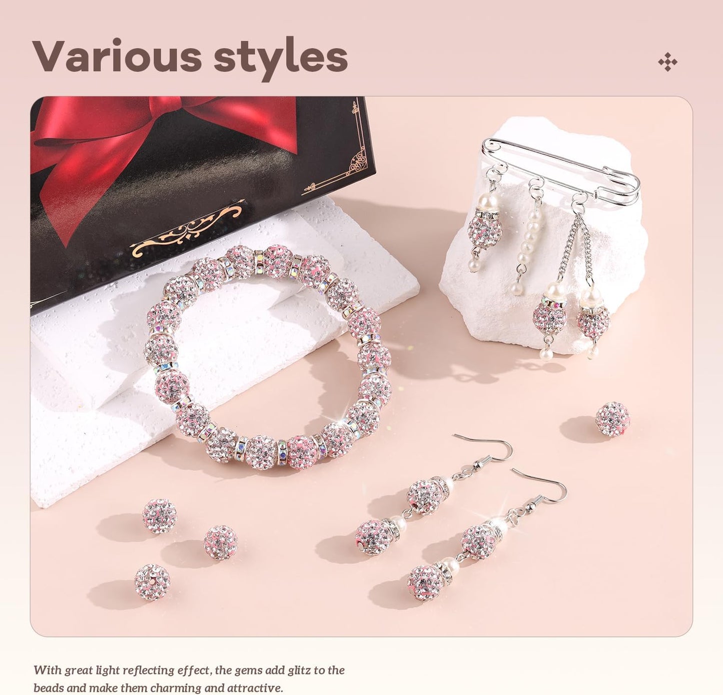 160pcs 10mm Rhinestone Beads for Jewelry Making, Pink White Shiny Round Disco Ball Beads Bulk, Sparkle Crystal Clay Christmas for Bracelet Baseball Necklace Earring Crafting and DIY