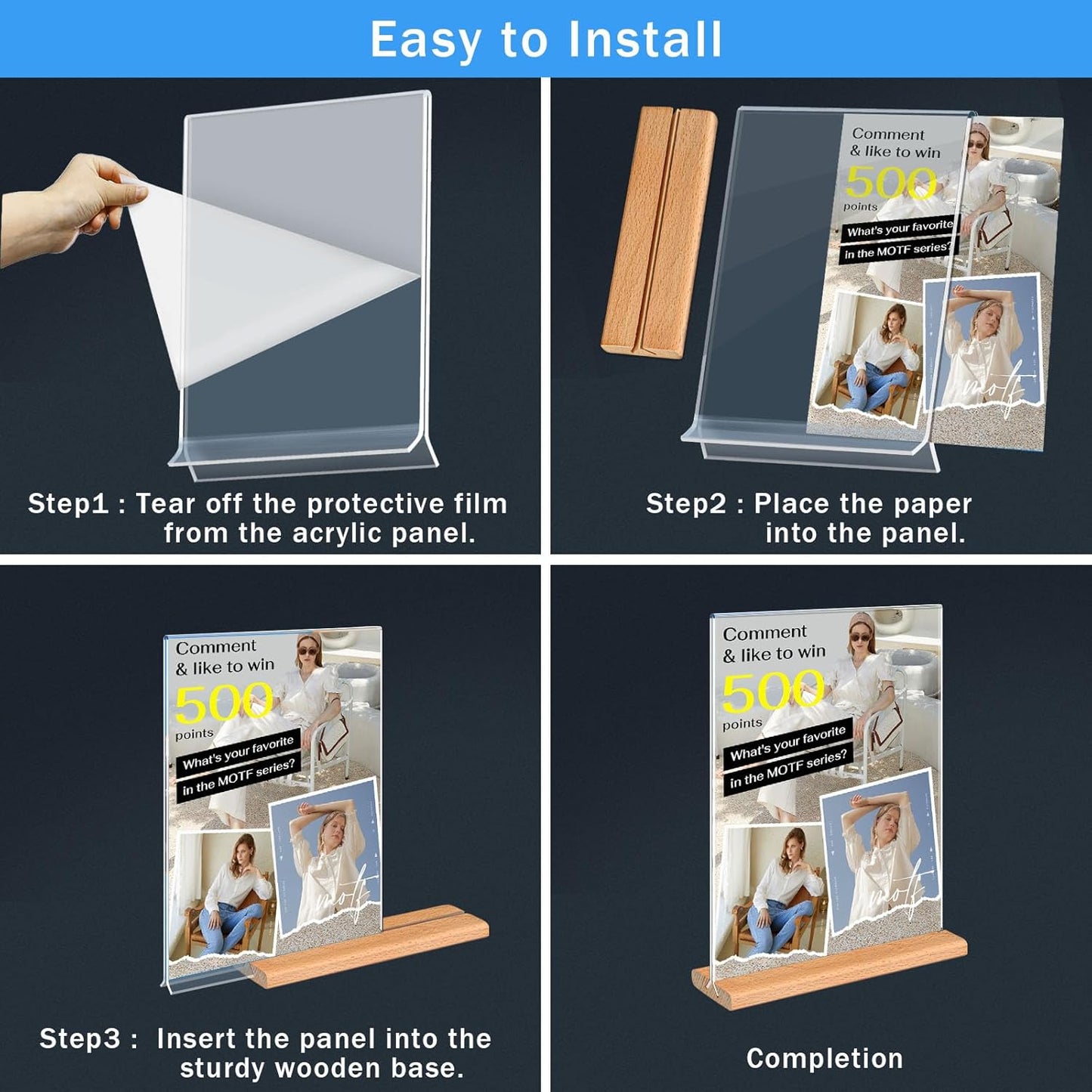 Kersally Acrylic Sign Holder 5 x 7, 3 Pack Double-Sided Clear Table Display Stands with Wood Base,Vertical Acrylic Frame Menu Flyer Paper Holder for Stores, Restaurants, Hotels, Office, Show Fair