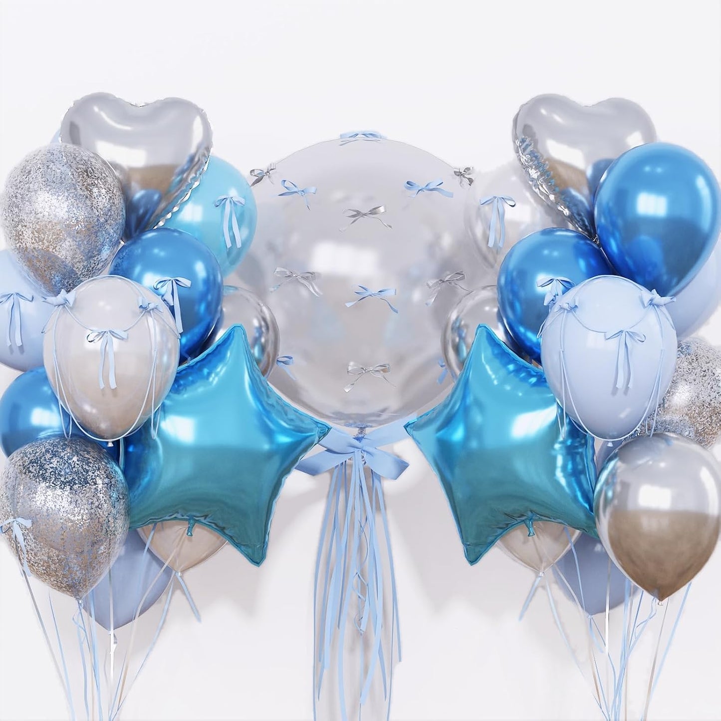 Blue and Silver Balloons Heart Star Mylar Balloons, Happy Birthday Decorations for Men Women, Metallic Light Baby Blue Silver Balloon 18 in Clear Confetti Heart Star Shape Foil Balloon as Party Decor