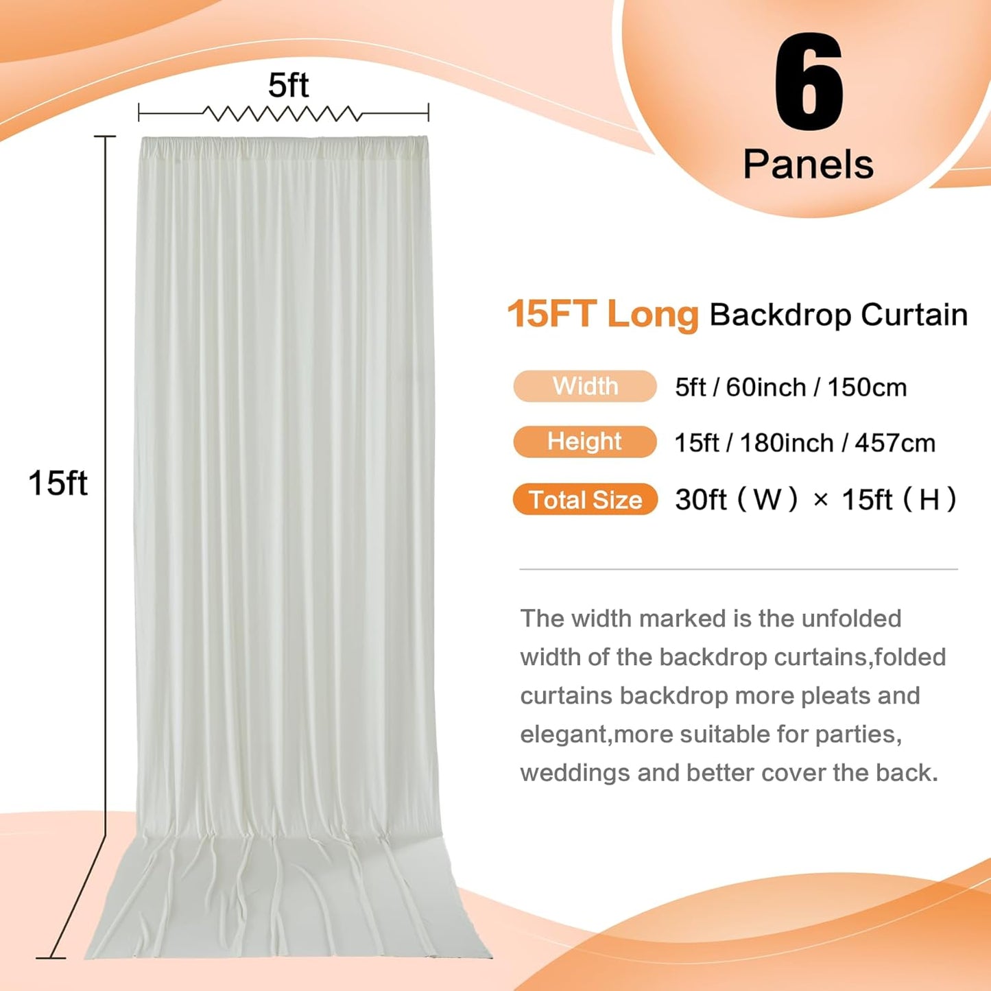 30ft x 15ft Ivory Wrinkle Free Backdrop Curtains for Parties,Silky Polyester Fabric Wedding Ceiling Drapes, 6 Panels 15ft Photo Back Drop Drapes for Baby Shower Photography Stage Background Cloth