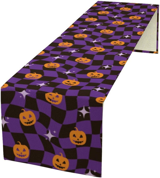 Halloween Table Runner,Purple Checkered Pumpkin Table Runner for Kitchen Dining Table Decoration Home Party Decor 13x120 Inch