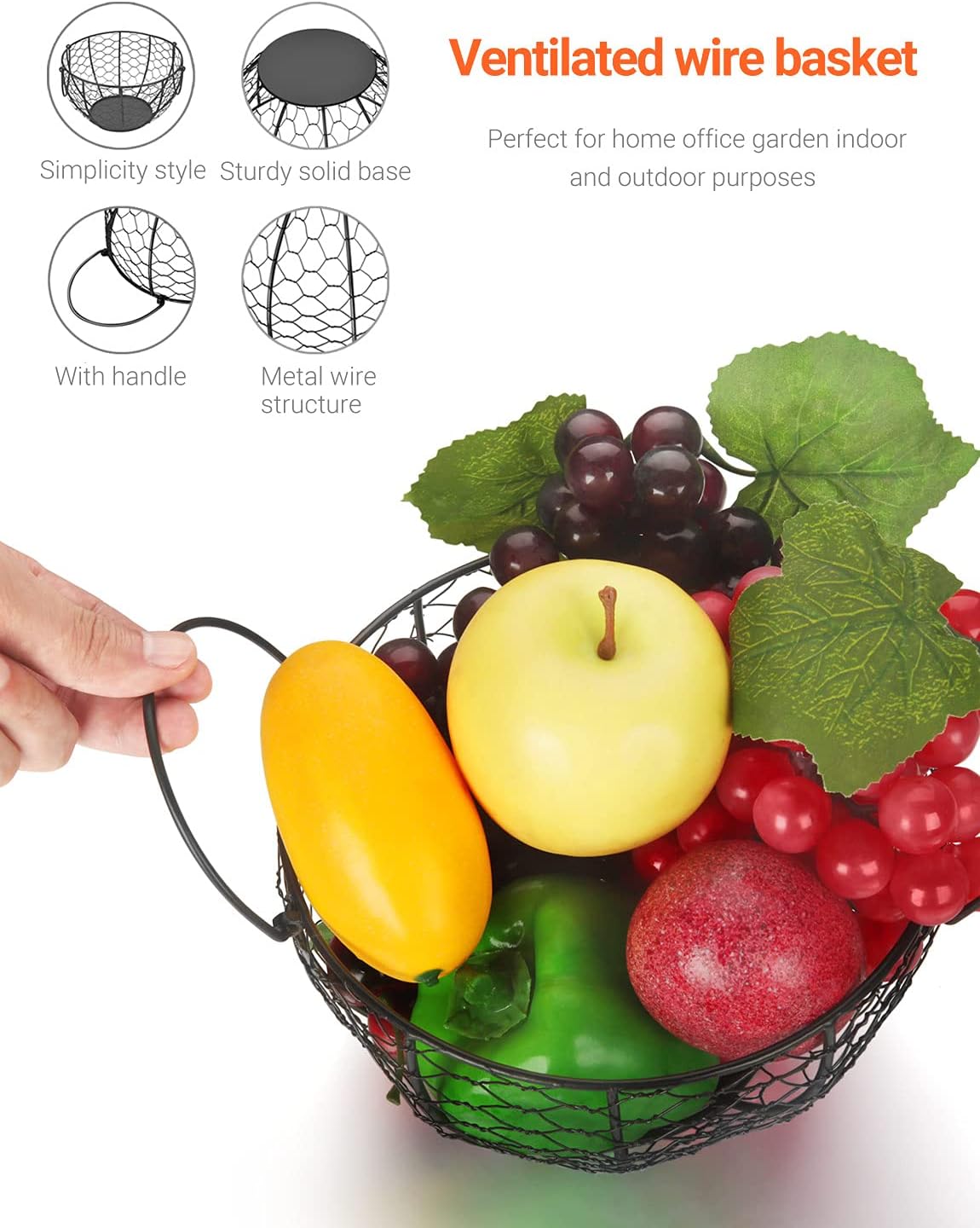 Round Wire Basket Black Fruit Basket Bowl Fruit Holder for Kitchen with Handle Black Home Storage for Vegetables, Snacks, Household Items Decor