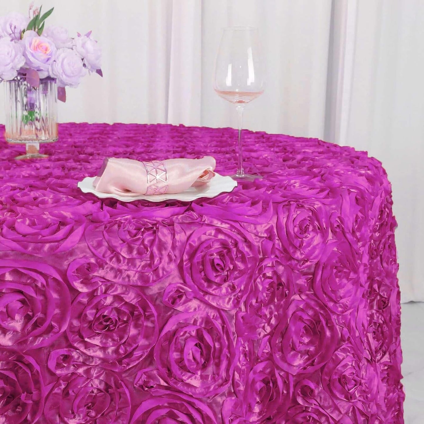 Efavormart 120" Wholesale Round Table Cover Fushia Grandiose Rosette 3D Satin Tablecloth for Wedding Party Event Decoration