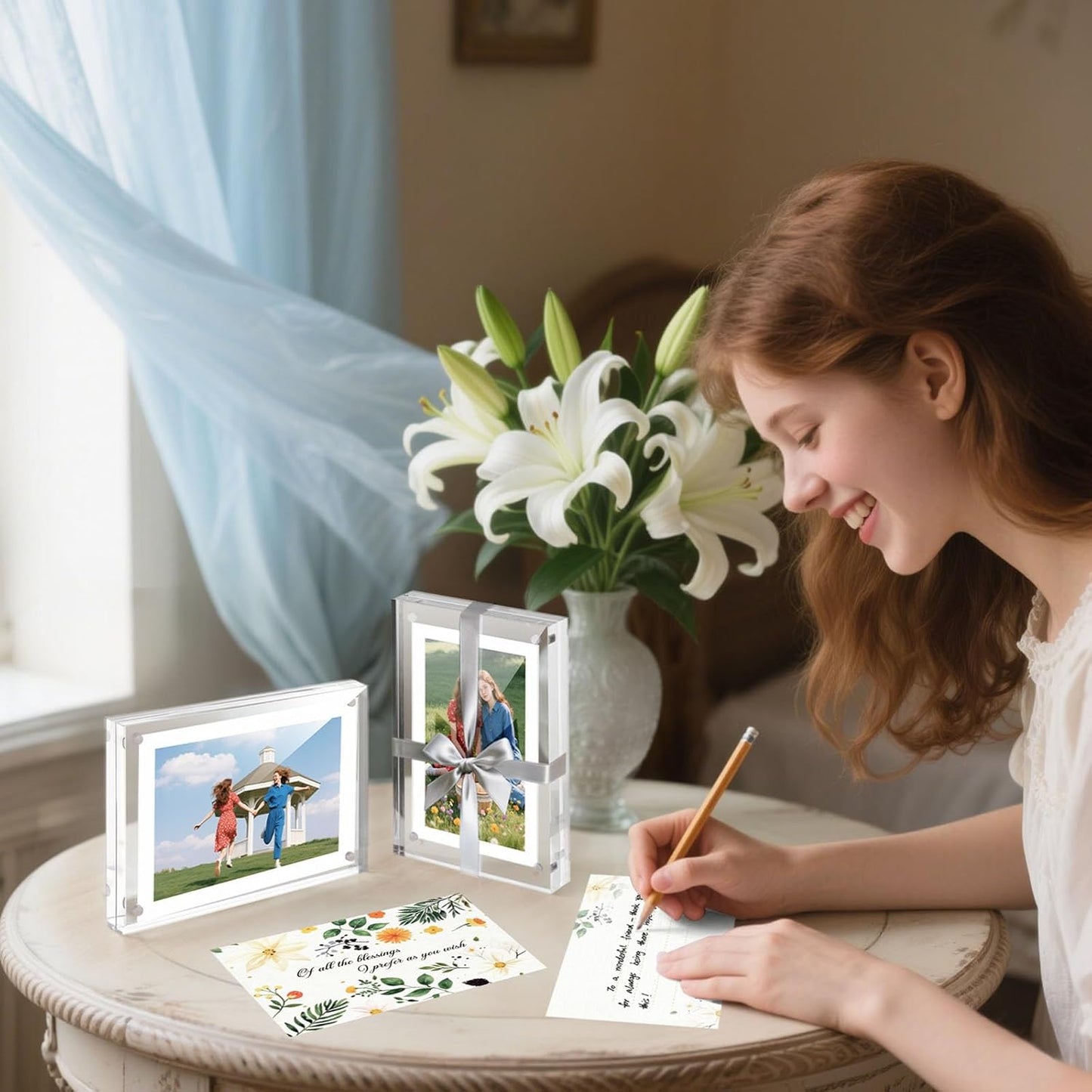 JOHOUSE 2 Pack 5 x 7 Acrylic Picture Frames, Double Sided Magnetic Photo Frames Self Standing Frameless Transparent for Desktop Display Gifts for Women