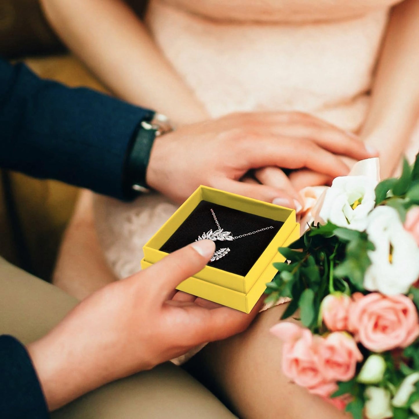 Gift Box Necklace Earring Ring Set, 12 Pieces Square Cardboard Jewelry Boxes, Cotton Filled Paper Case (3.5x3.5x1.25 Inches) (Yellow)