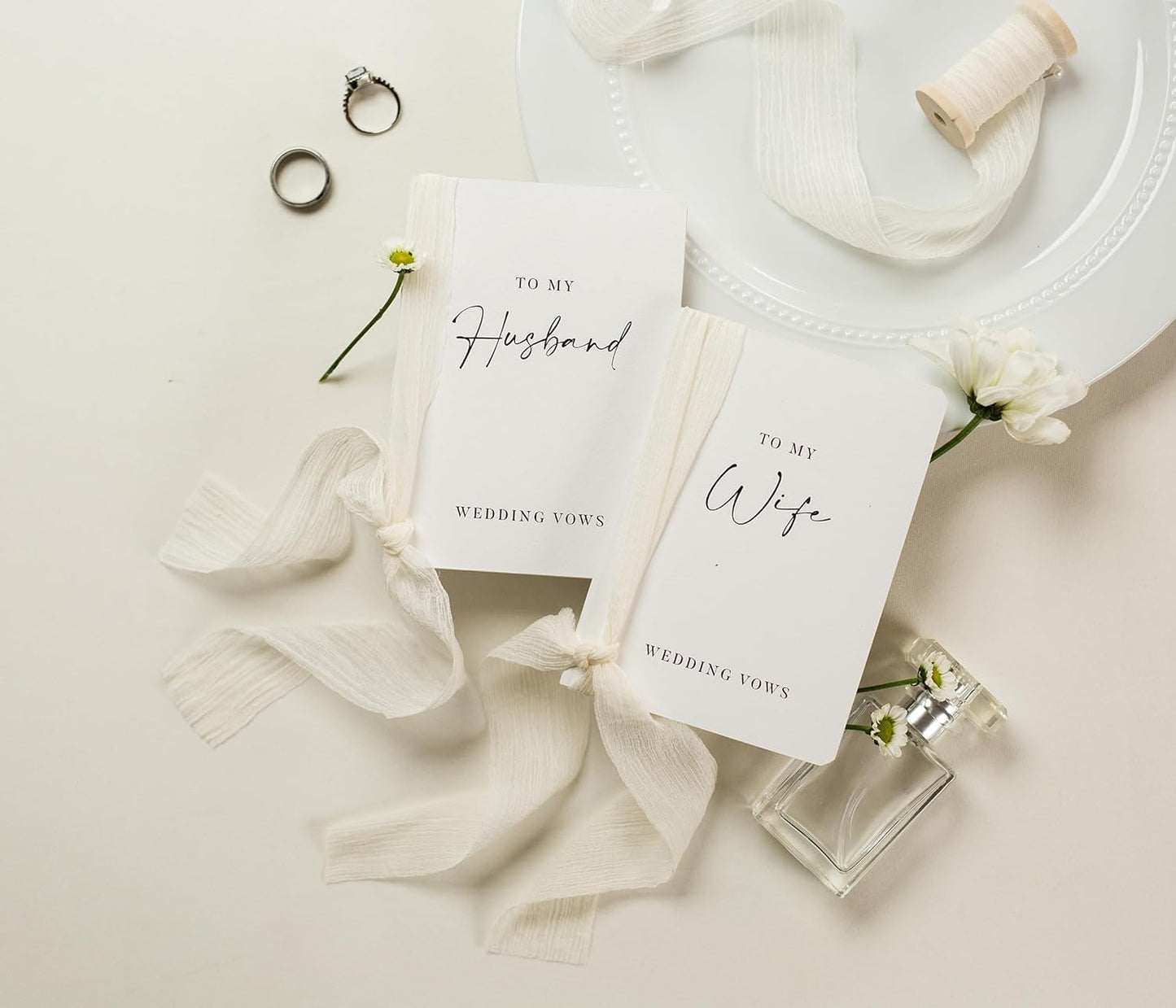 Modern Album Designs White Vow Books with Ribbons (Set of 2) - 5.625 x 4 Minimalist Pocket Sized Wedding Ceremony Vow Renewal Speech Notebook Journal, Gift for Bride & Groom To Be, 48 Lined Pages