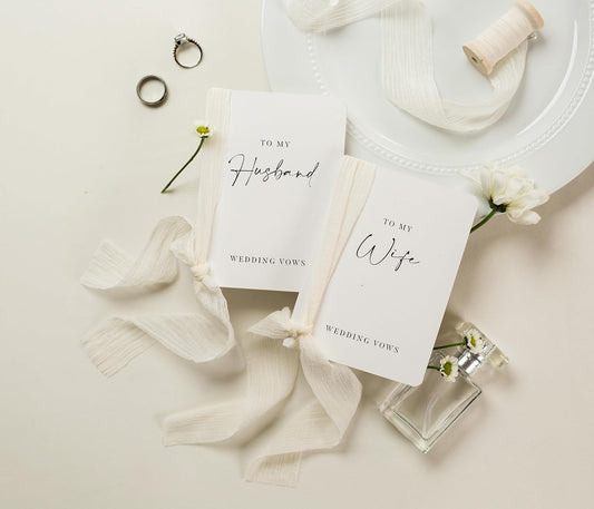Modern Album Designs White Vow Books with Ribbons (Set of 2) - 5.625 x 4 Minimalist Pocket Sized Wedding Ceremony Vow Renewal Speech Notebook Journal, Gift for Bride & Groom To Be, 48 Lined Pages