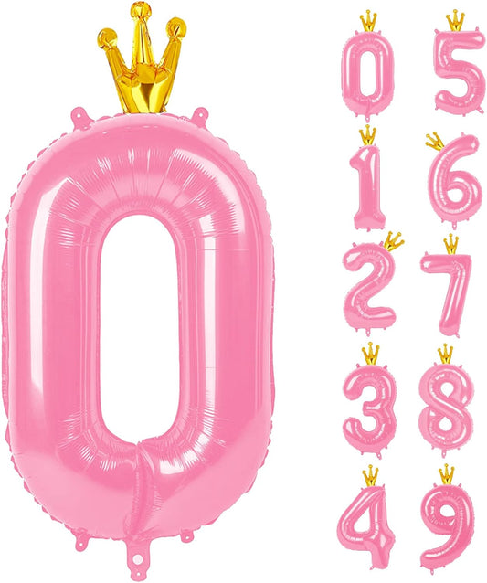 40 Inch Number Balloon 0-9(Zero-Nine) with Crown, Big Size Happy Birthday Balloon, Foil Helium Big Number Balloon for Birthday Party,Wedding, Anniversary (PINK 0)