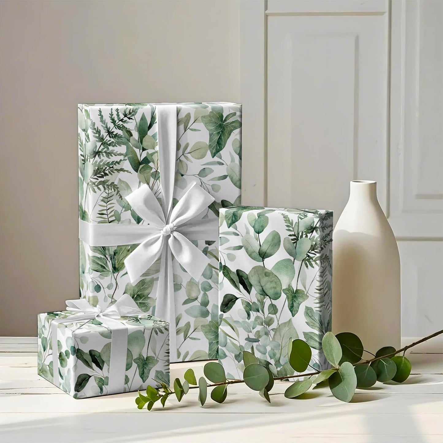 WRAPAHOLIC Eucalyptus Leaves Wrapping Paper Roll - Mini Roll - 17 Inch x 33 Feet - Greenery Wrapping Paper Perfect for Birthday, Wedding, Bridal Shower