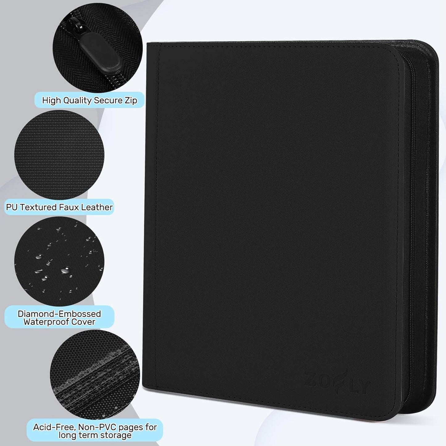 Trading Card Binder 12 Pocket, Zipper Binder Card Album Holds 720 Cards, 30 Pack Acid-Free Pages with Side Loading, Premium Leather Cover Card Folder for TCG/MTG/Sports Cards Collection, Black