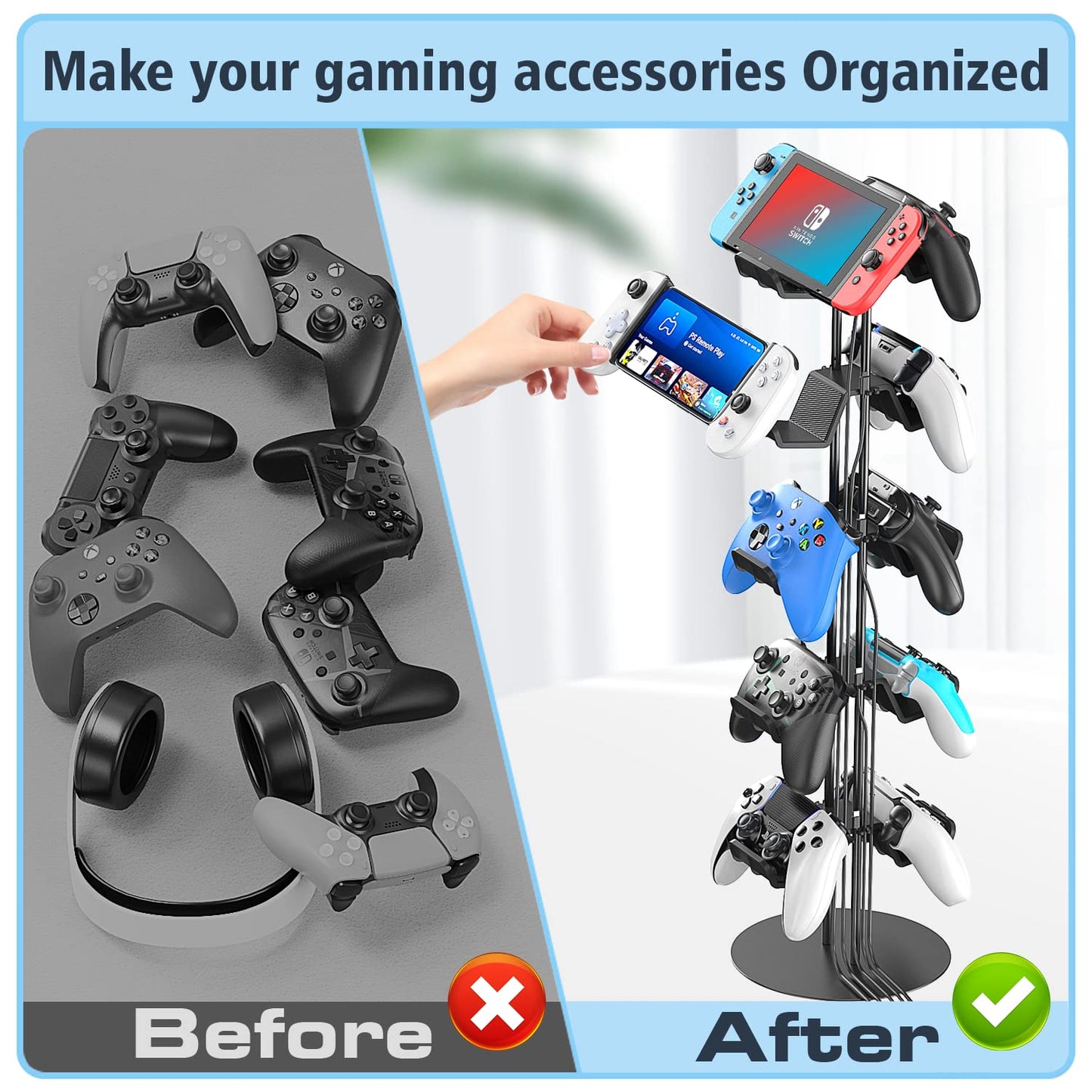 Kytok Gamer Gifts, Headset Stand 5 Tiers with Cable Organizer, Controller Stand Compatible with PS5/Xbox/Nintendo Switch/PS Portal/PS4, Headset Holder & Controller Holder for 10 Packs Controller