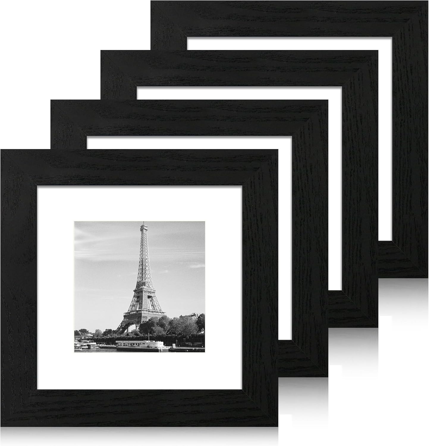 6x6 Picture Frame Set of 4 with High Definition Glass, Black Frames Display 4x4 Picture with Mat or 6 x 6 Without Mat, Square Wood Photo Frame for Wall Mount and Tabletop Display