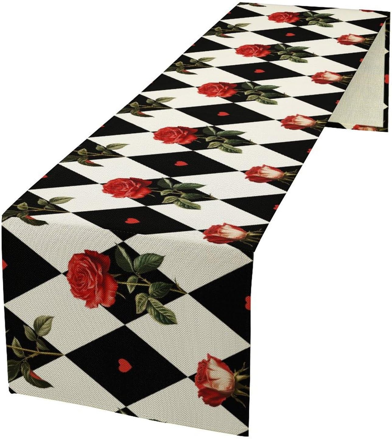 Vintage Rose Table Runner, Red Rose Hearts Black White Checkered Background Table Runner for Kitchen Dinning Table Runner Decor Home Wedding Party Holiday, 13x36 Inch