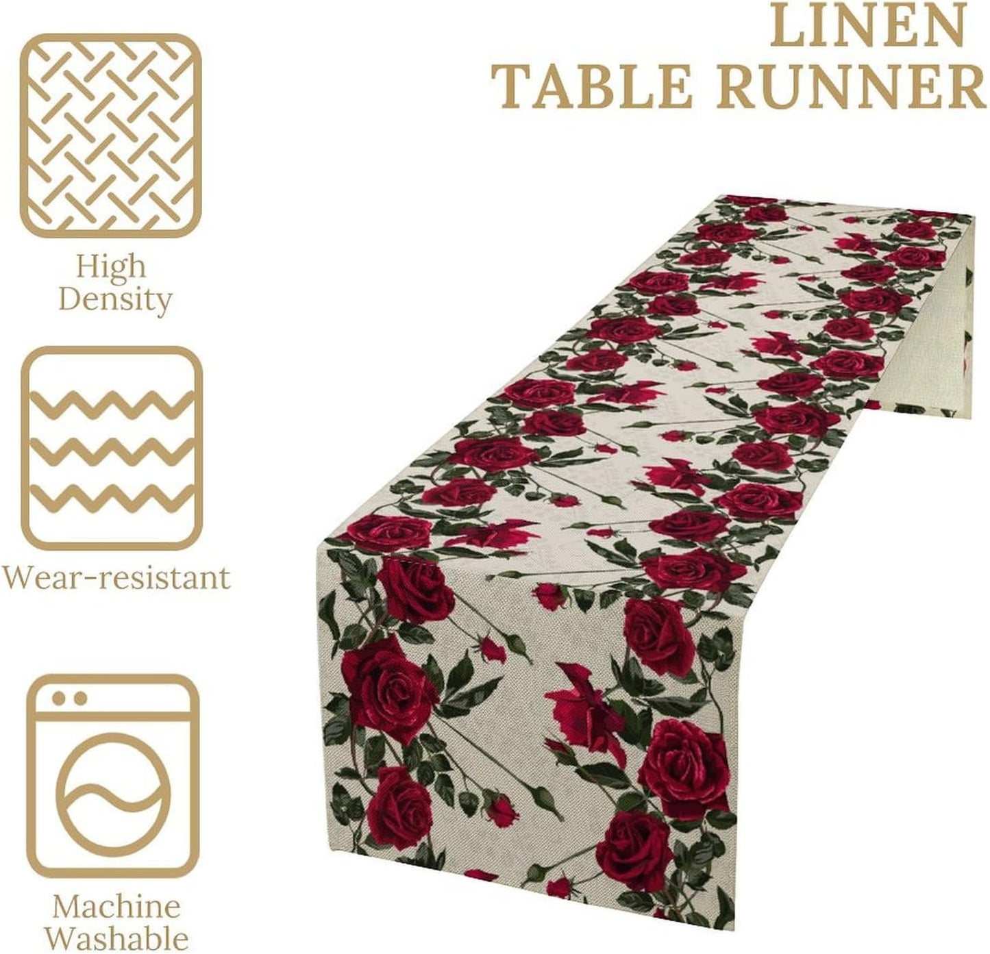 Rose Table Runner, Retro Red Rose Flowers Green Leaves Valentine's Day Kitchen Dinning Table Runner for Indoor Outdoor Home Wedding Party Holiday, 13x70 Inch