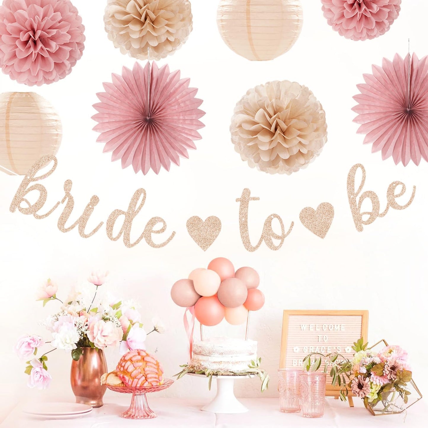 Blush-Pink Rose-Gold Bridal-Shower Fall Party-Decorations - 31pcs Bride To Be Sign Banner,Bachelorette Paper Lanterns,Wedding Streamers Garland,Boho Peach Tissue Pom Poms Fans Decor Supplies Burgleda