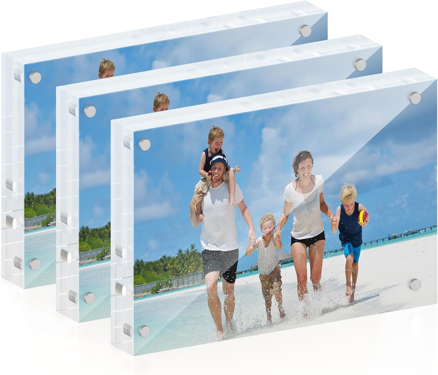 4x6 Acrylic Picture Frame 3 Pack, 20mm Thick Magnetic Double Sided Display 20% Thicker- Frameless Clear Transparent Photo Frame for Desktop/Tabletop, Self Standing with Microfiber Cloth