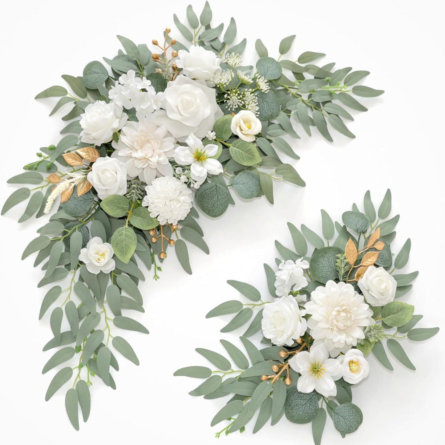 Faux Flower Swag Set of 2 for Wedding Welcome Signs Floral Swag Wedding Reception Ceremony Signs Decor (A-White)