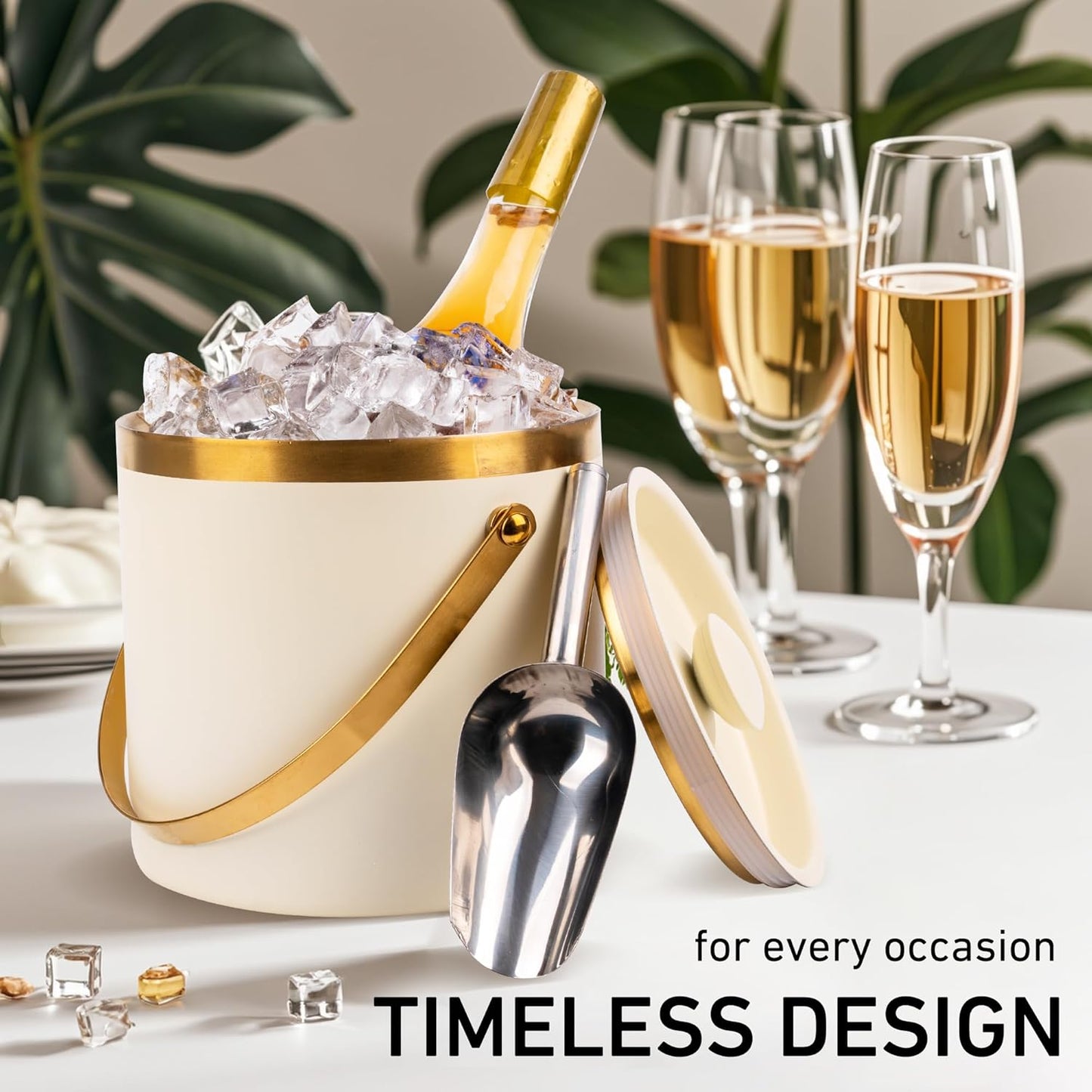 3L beige white Double Wall Insulated Stainless Steel Ice Bucket with scoop for Cocktail Bar,Metal Ice Bucket for freezer with Lid for parties.ice Container to Keep Ice Colder,bar cart accessories