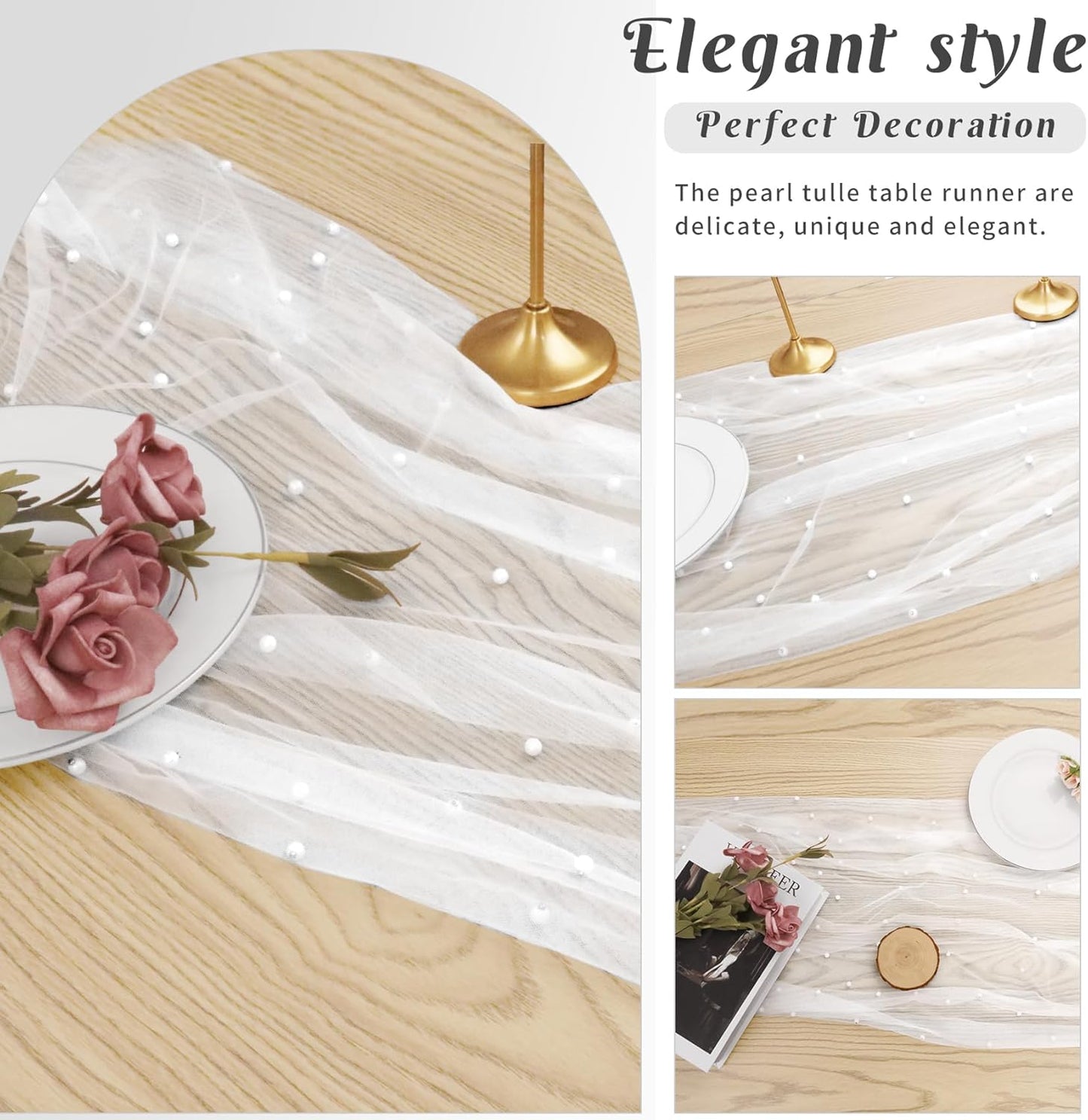Pearl Table Runner 29 x 120 Inch Tulle Fabric Lace Table Runners Boho Rustic Tablecloth for Bridal Shower Birthday Party Wedding Arch Aisle Veil Dessert Table Decor(1 Pack, White)