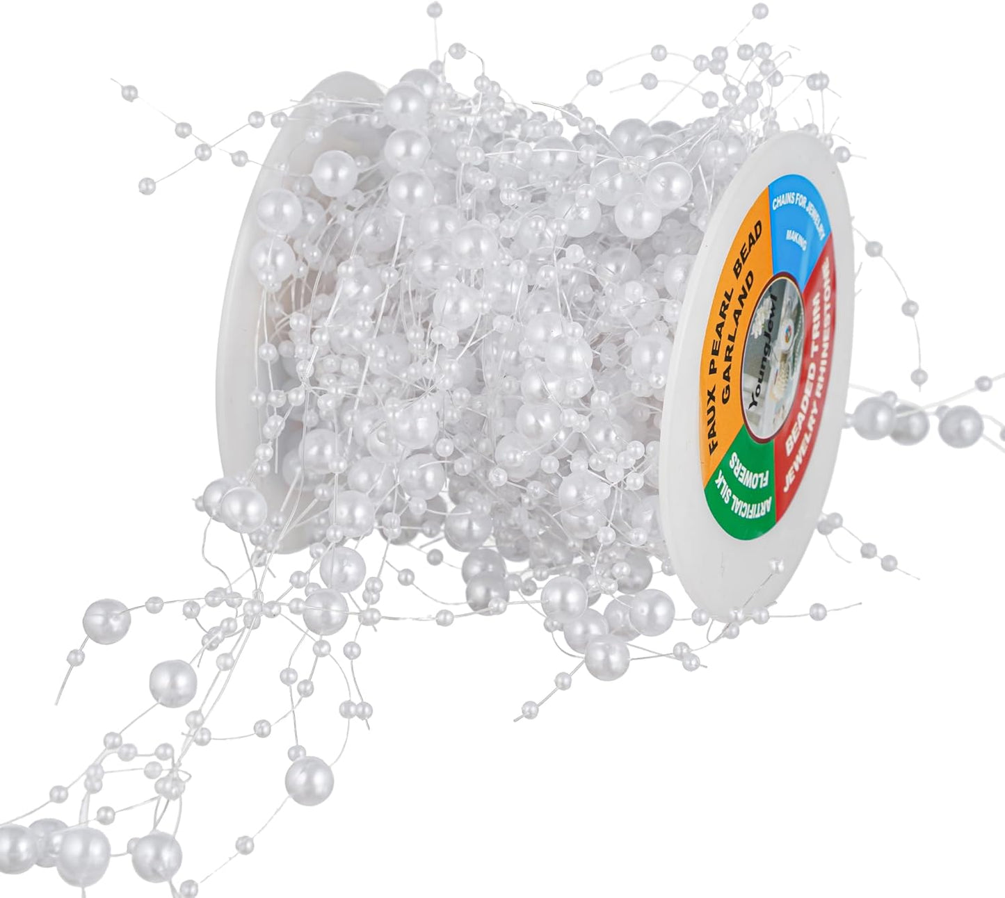 13Feet Pearl String Spool Roll for Floating Candles Faux Pearls Strands Garland for Vase Filler Wedding Centerpiece Christmas Table Decor (White)
