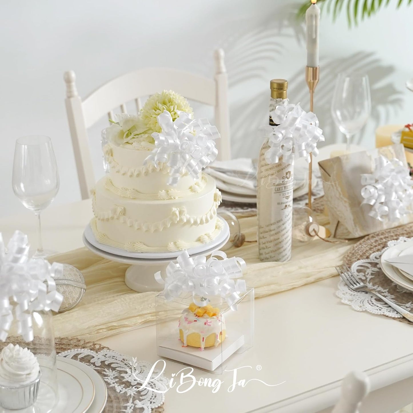 5 Inch White Gift Bow Curly Ribbon Bows Set of 8, Double Faced Satin Ribbon Bow Premade Self Adhesive Bow Decorations for Party, Wedding, Holiday, Gift Bows for Crafts, Wine Bottle, Presents