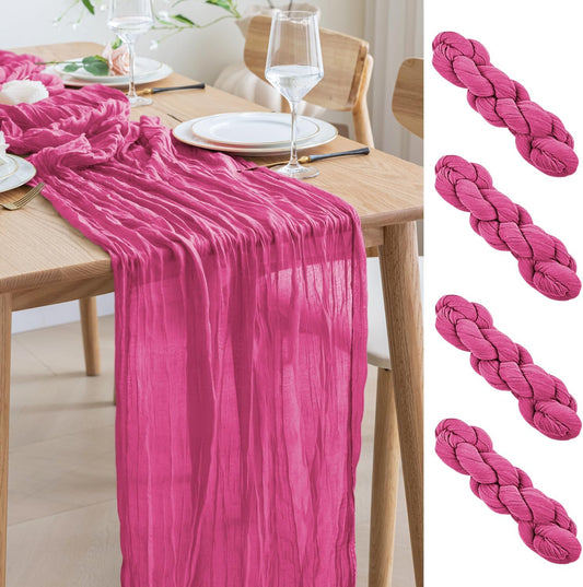 Asee'm 4pcs Cheesecloth Table Runner 120 Inches Long Deep Pink Boho Gauze Cheese Cloth Runner 10FT Rustic Sheer Table Runners for Christmas Wedding Party Baby Shower Spring Easter Decoration