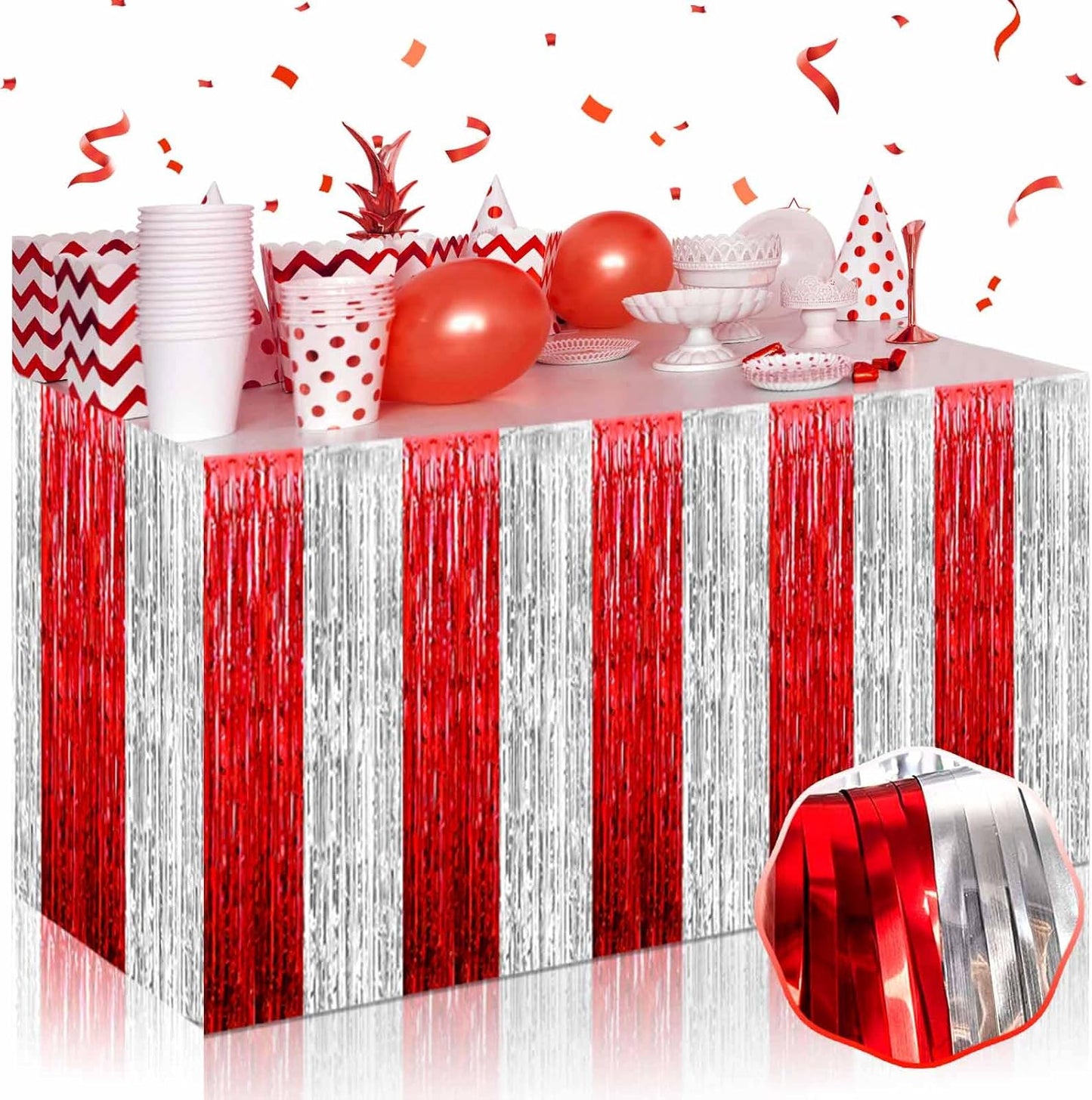 3 Pack 29 x108 Inch Red Silver Foil Fringe Table Skirts Metallic Banner for Tinsel Streamer Garland Backdrop for Parade Floats Wedding Thanksgiving Birthday Christmas New Year Party Decoration