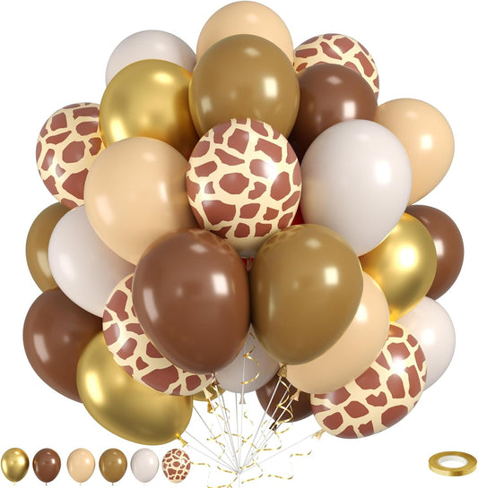 Safari Balloons, 60pcs Jungle Balloons, Brown Gold White Balloon Giraffe Print Balloon For Birthday Baby Shower Safari Jungle Forest Animal Theme Party Wedding Bachelorette Engagement Decorations