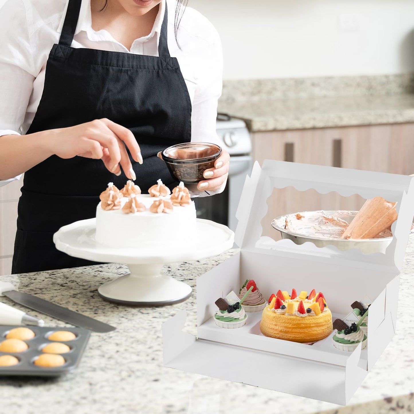 JCD 8pcs Cake Cupcake Combo Boxes with Clear Window and Cupcake Insert Fit 4 Cupcakes and 1 Mini Cake for Partry (1+4/8pcs)