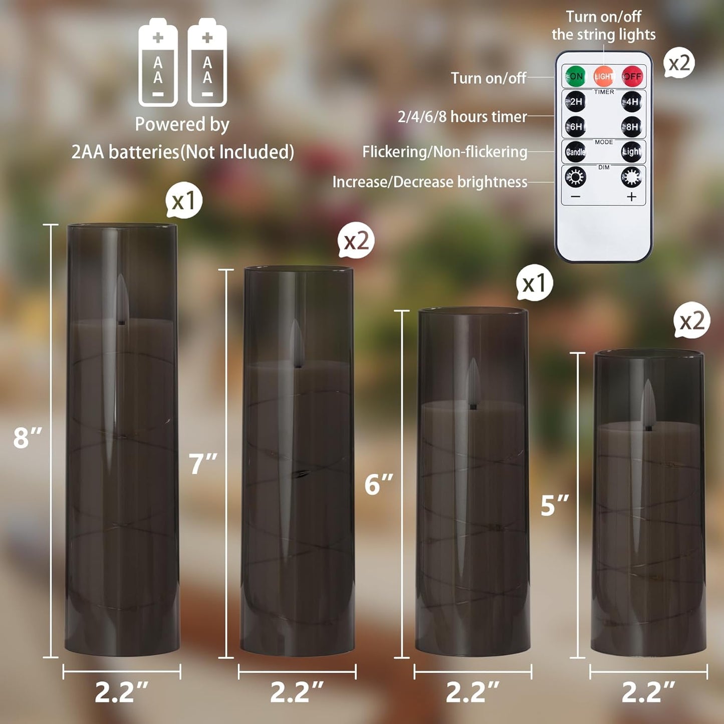 Grey Flameless Candles with Remote and String Light, 2.2"x 5",5",6",7",7",8" LED Battery Operated Plastic Flickering Timer Pillar Candles(Pack of 6,Turn On/Off String Light Mode)