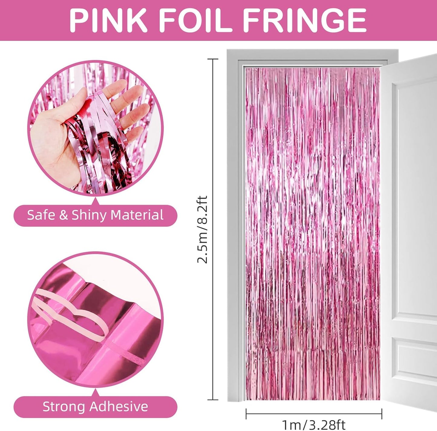 30 Pack Pink Foil Fringe Curtain Backdrop, 3.3x8.2 Feet Metallic Tinsel Streamer Curtains Photo Booth Props for Wedding/Birthday/Baby Shower/Valentine's Day/Princess Themed Party Decorations