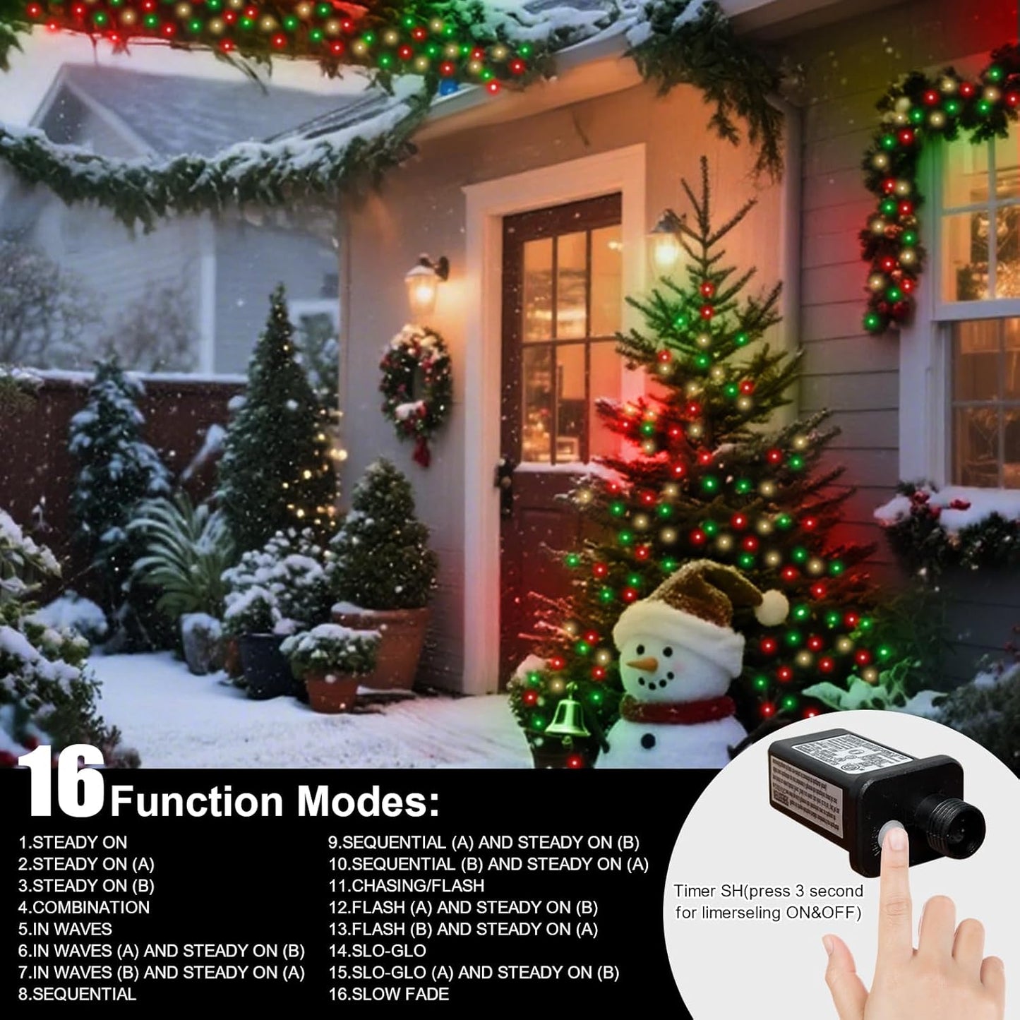 LAMPHOME 66ft Christmas Decorative Mini Lights, 200 LED Transparent Wire Fairy Starry String Lights Plug in, 16 Lighting Modes for Outdoor Xmas Tree Wedding Party Decoration (Red Green Warm)