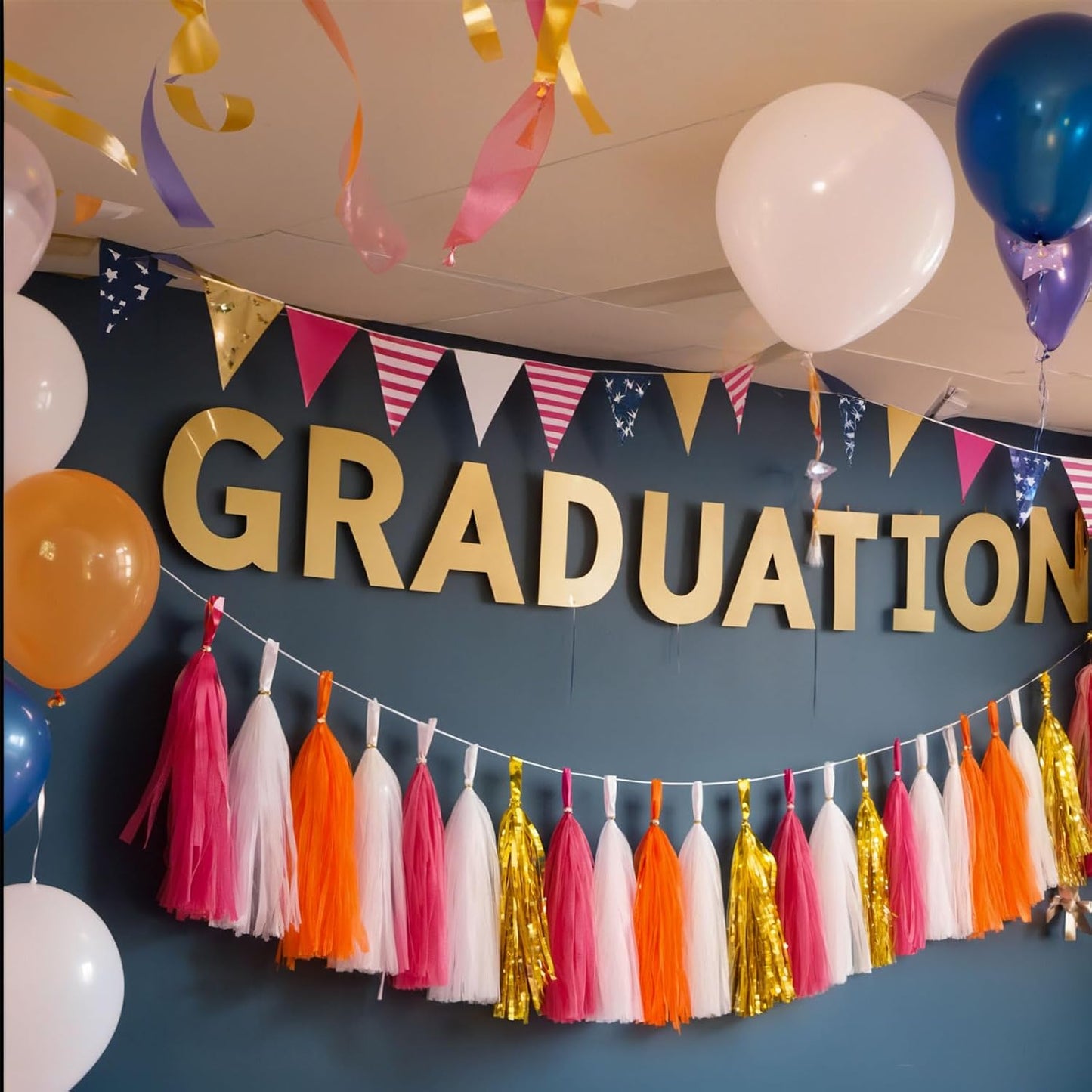 Shiny Tassel Garland Tissue Paper Tassel Banner,Tassels Decorations for Summer Luau Flamingo Girl,Wedding,Pumpkin Birthday Party,Bridal/Baby Shower,Pack of 20 (Hot Pink/Orange/Gold/White)