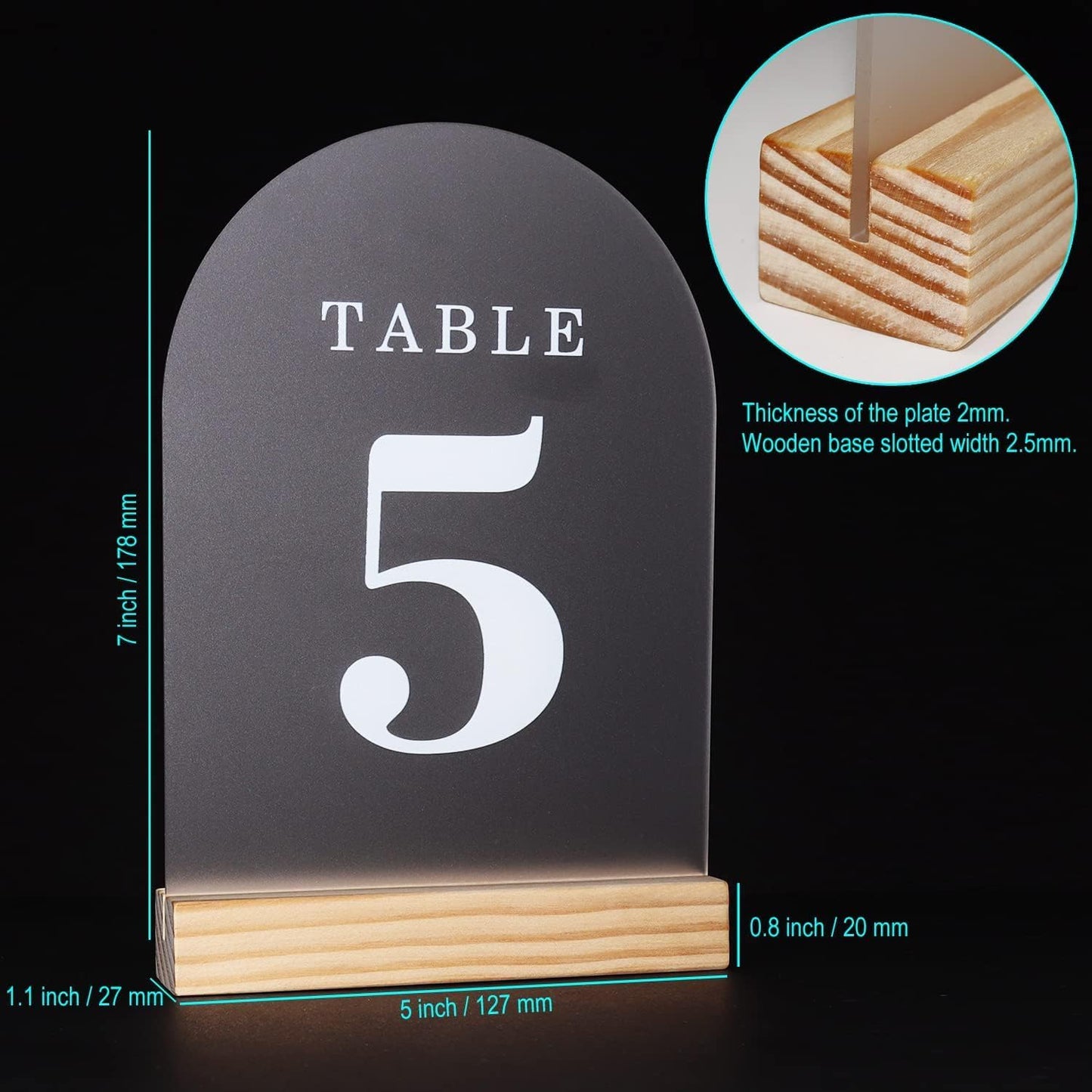Wedding Table Numbers 11-15, Acrylic Arch Signs with Natural Wood Stands Holders, Rustic Table Decor for Reception & Parties (Frosted White)