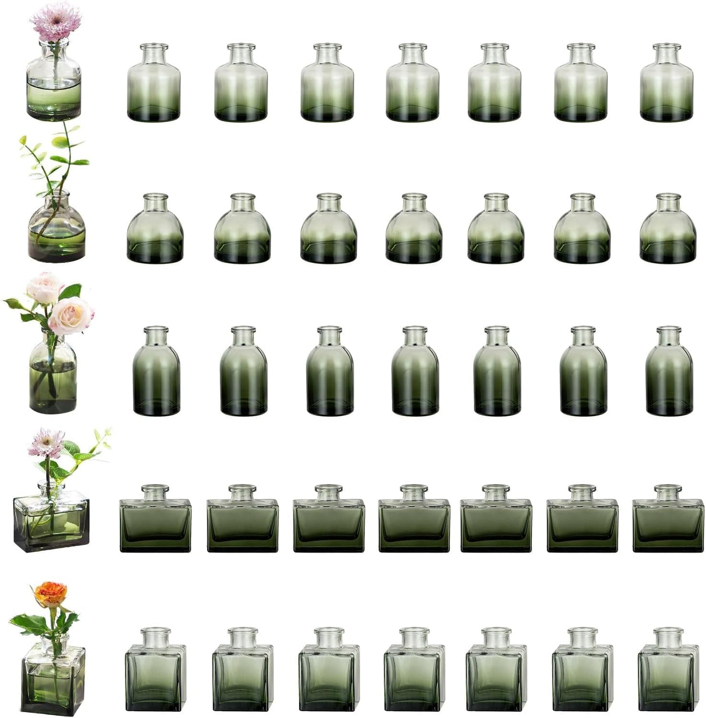 Glasseam Bud Flower Vases in Bulk: 40 Glass Cute Small Vases for Centerpieces Vintage Mini Wedding Birthday Party Table Centerpieces Tiny Baby Shower Dining Room Decoration Green